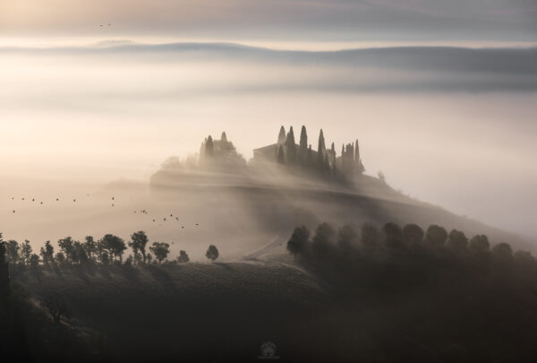 Fotografo durante il workshop di fotografia in Val d'Orcia con la nebbia all'alba