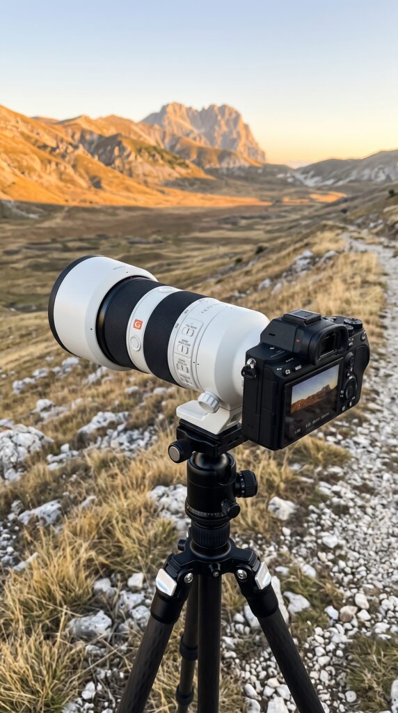 attrezzatura fotografia di paesaggio su treppiede al tramonto
